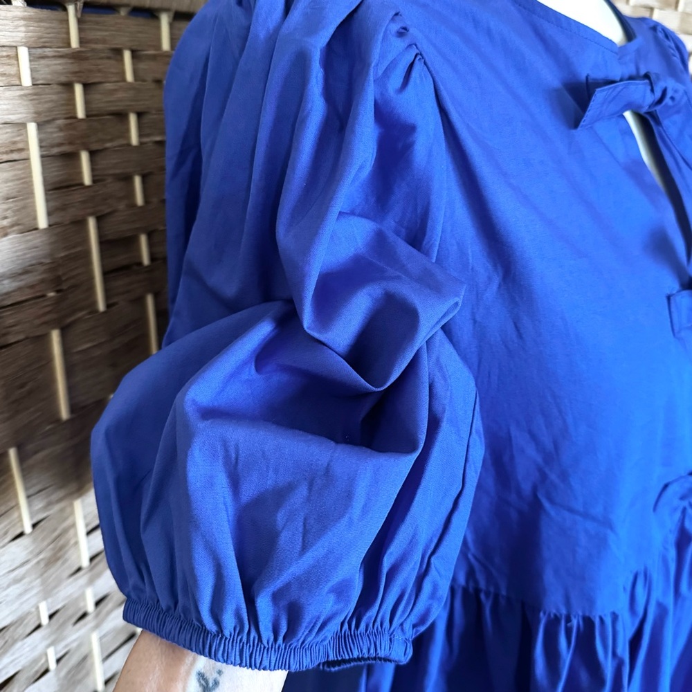 NWT blue tie-front 100% cotton popover dress S - Picture 4 of 11